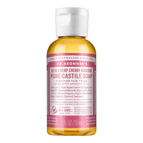59ml bottle of Dr. Bronner's 18-In-1 Pure Castile Soap in Cherry Blossom scent with a pink label.