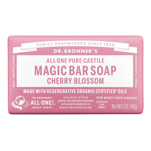 Pink bar of Dr. Bronner's Pure-Castille Magic Bar Soap - Cherry Blossom 140g scent on a white background.