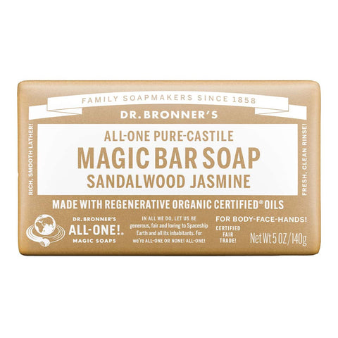 Dr. Bronner's Magic Soap Bar - Sandalwood Jasmine 140g on a white background.
