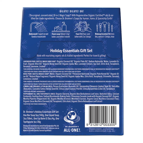 The back of a blue cardboard gift set box for Dr. Bronner's Holiday Essentials Gift Set, featuring product details, ingredients, icons, and a barcode.