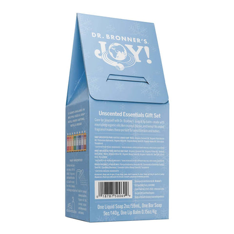 Dr. Bronner's Joy! Unscented Essentials Gift Set packaging with blue design on a white background.