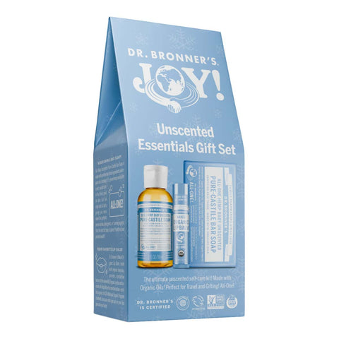 Dr. Bronner's Joy! Unscented Essentials Gift Set front packaging on a white background.