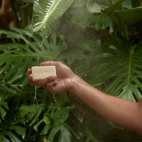 Hand holding a bar of soap labeled 'ALL ONE' with water droplets against a leafy green background