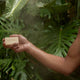 Hand holding a bar of soap under a shower with green leaves in the background
