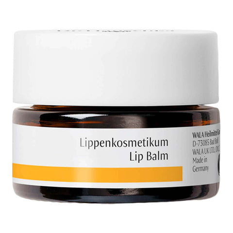 Lip balm container with a white lid and label on a white background