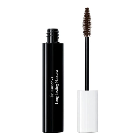 Dr. Hauschka Long-Lasting Brown Mascara 8ml with black tube and white applicator on a white background.