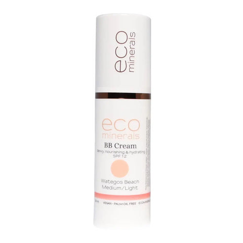 A white cylindrical bottle of eco minerals BB Cream in the shade Wategos Beach - Medium/Light, shown against a plain white background.