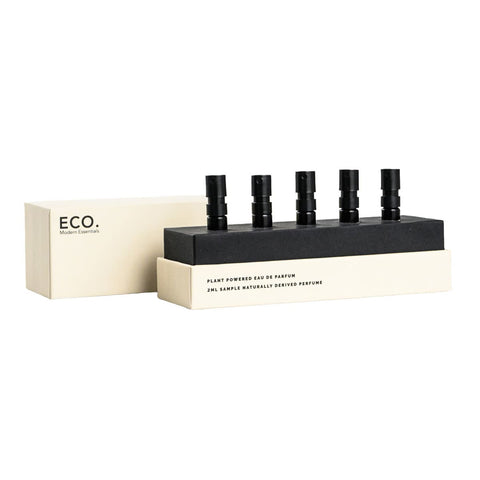 Set of black perfume bottles with a beige box labeled 'ECO. Modern Essentials'.
