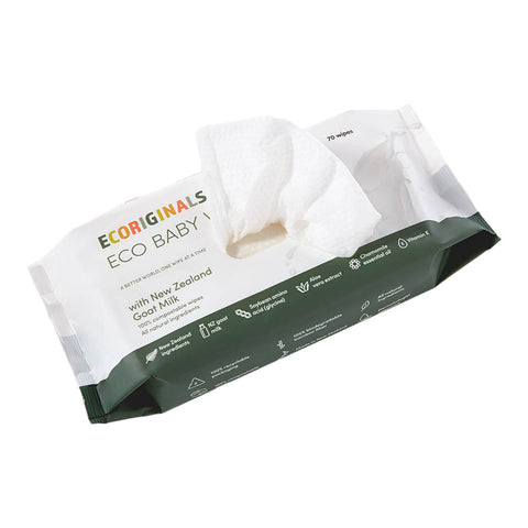 Pack of opened ecoriginals Eco Baby wipes with visible branding on a white background.
