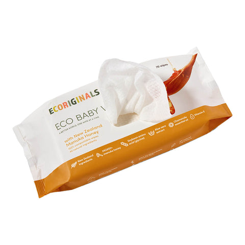Pack of opened ecoriginals Eco Baby wipes with visible branding on a white background.