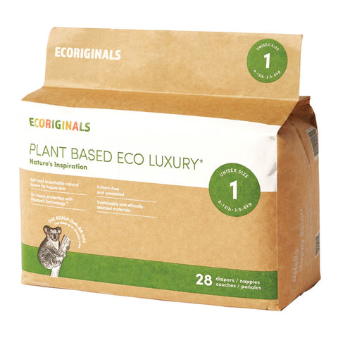 Ecoriginals plant-based eco luxury nappy package on a white background.