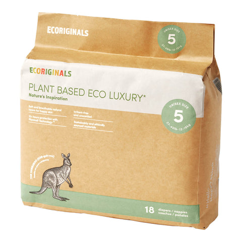 Side-view of a package of Ecoriginals plant-based eco luxury nappies with kangaroo illustration on a white background.