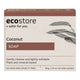 A rectangular box of ecostore Coconut Soap, featuring a cream-coloured background with brown accents, black text, and a botanical leaf illustration.