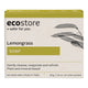 A rectangular box of ecostore Lemongrass Soap on a plain white background. The packaging is off-white with a yellow-green band at the top and bottom, black text, and a botanical leaf illustration on the right side.