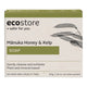 A rectangular box of EcoStore Mânuka Honey & Kelp Soap, featuring a cream-colored background with an olive green top band and a botanical leaf illustration on the right side.