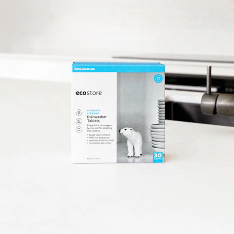 Box of ecostore Dishwasher Tablets on a kitchen counter.