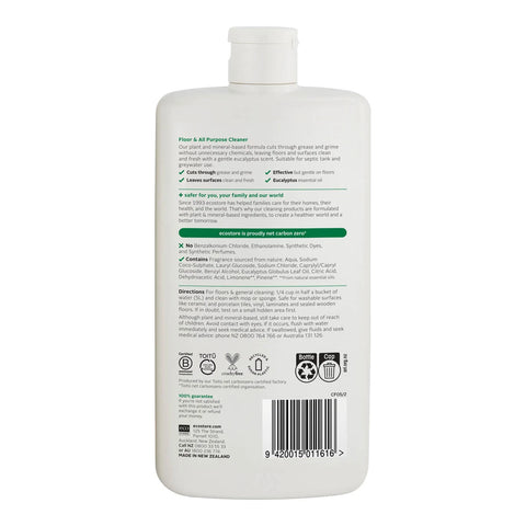 Back of Floor & All Purpose Cleaner bottle showing ingredients, directions & product benefits.