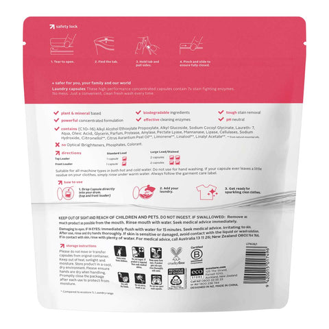 Back of ecostore laundry capsules. Plant & mineral based, biodegradable ingredients, powerful concentrated formula. 