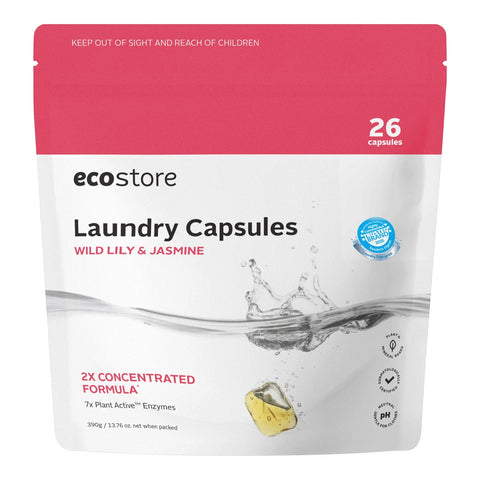 Front of ecostore Laundry Capsules Wild Lily & Jasmine in a pink & white pouch. 26 capsules.