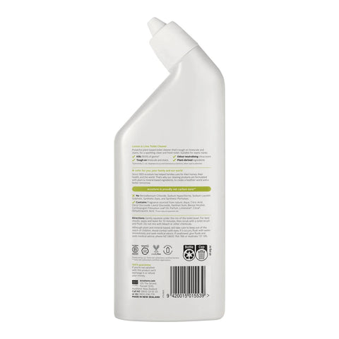 Back of lemon lime toilet cleaner bottle showing ingredients, directions & product benefits.