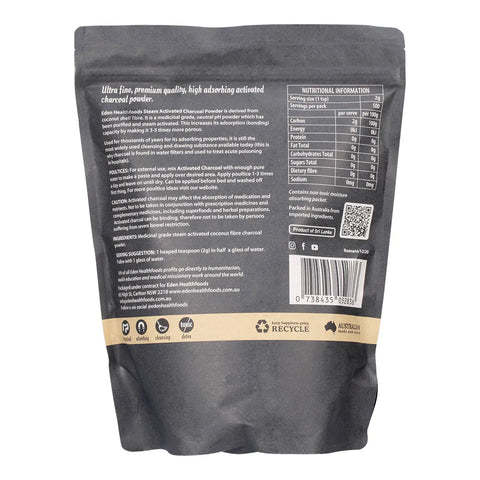 Back of Activated Charcoal pouch, showing nutritional information, product description, uses, ingredients and precautions.