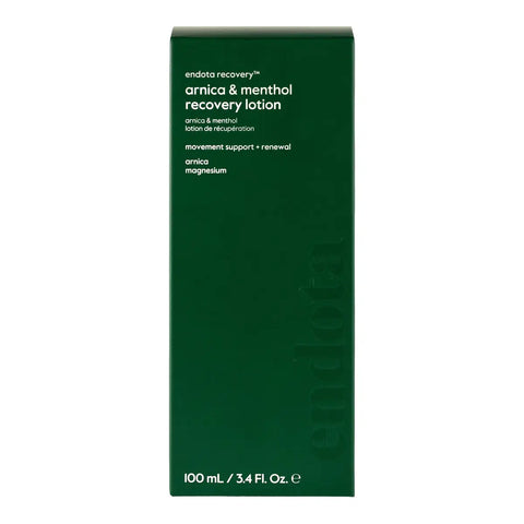 Endota Endata Recovery Lotion box in dark green with white text, shown on a plain white background.