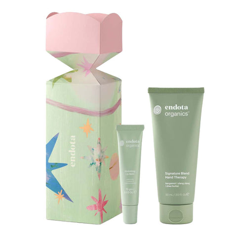 endota Hydrating Duo Bon Bon skincare products including a box, lip balm, and hand cream.
