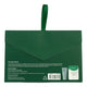 The back of a dark green Nourished Hands gift box, featuring a matching green ribbon handle, product description text, a barcode, and a small inset image of the hand mask packet.