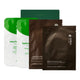 A set of four skincare pouches, including two white and green pouches, and two black pouches.