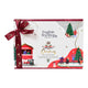 English Tea Shop Organic Christmas Tea Collection gift box with a dark red ribbon bow, decorated with festive Christmas illustrations.