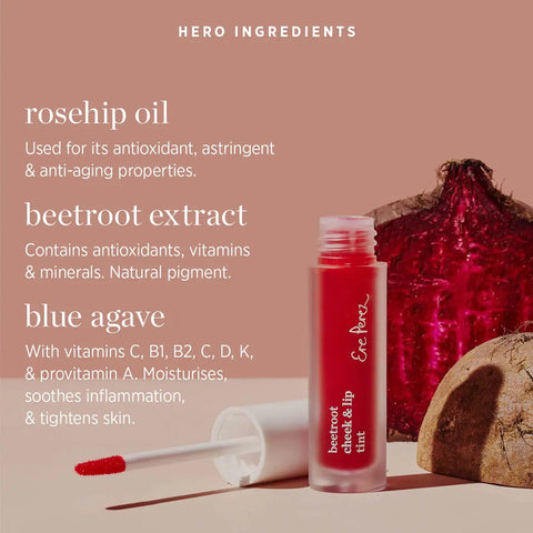 Ere Perez lip & cheek tint pictured next to a halved beetroot with lid off. Showing hero ingredients and their properties.