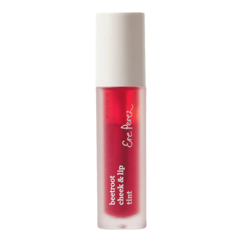 Ere Perez Beetroot Cheek & Lip Tint in a clear matte plastic tube with white lid. Sheer bright red colour - in the shade 'Joy'.