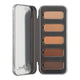 A rectangular makeup palette with five horizontal pans in warm neutral shades, shown open with a metallic silver lid on a plain white background.