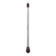 A dual-ended makeup brush with a slim silver metal handle, dark brown bristles on both ends.