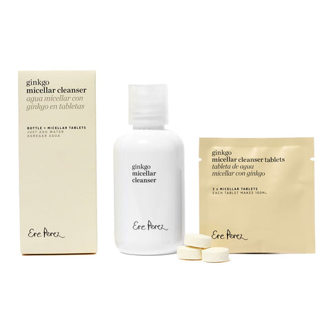 Ere Perez ginkgo micellar cleanser 37g set with bottle, tablets, and packaging.