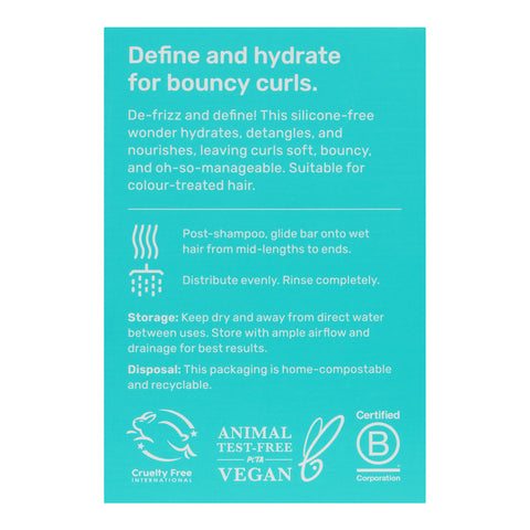 Back of Ethique Curl-Defining Solid Conditioner for Curly and Coily Hair 110g box, showing description and directions.