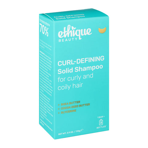 Ethique Curl-Defining Solid Shampoo for Curly and Coily Hair 110g box, vegan bar with eco-friendly packaging.