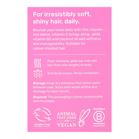 Back of Ethique Everyday Shine Solid Conditioner for All Hair Types 60g box, showing description and directions.