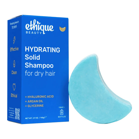 Ethique Hydrating Solid Shampoo for Dry Hair 110g box next to blue bar.