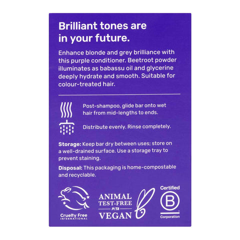 Back of Ethique Purple Solid Conditioner for Blonde and Grey Hair 60g box, showing description and directions.