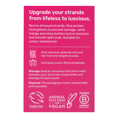 Back of Ethique Purple Solid Conditioner for Damaged Hair 60g box, showing description and directions.