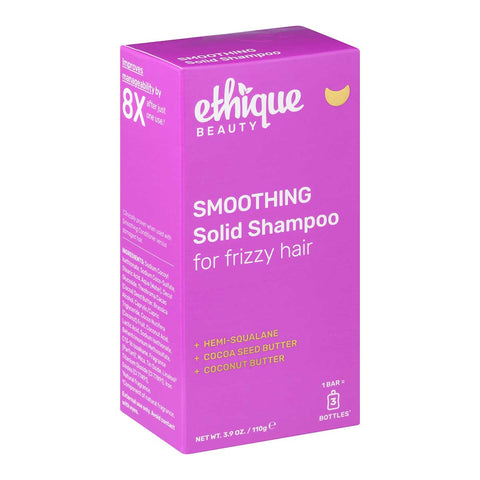 Ethique Smoothing Solid Shampoo for Frizzy Hair 110g box, vegan bar with eco-friendly packaging.