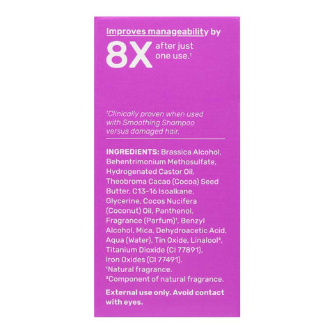 Left side of Ethique Smoothing Solid Shampoo for Frizzy Hair 110g box, showing ingredients.