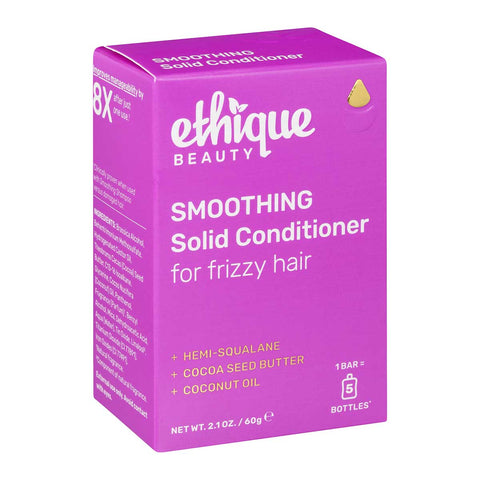 Ethique Smoothing Solid Conditioner for Frizzy Hair 60g box, vegan bar with eco-friendly packaging.