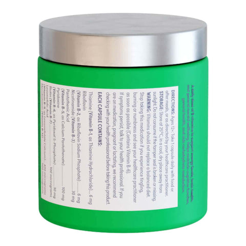 Back of Eve Wellness B Vitamins Container with ingredients list. Supports energy levels & general mental wellbeing. 