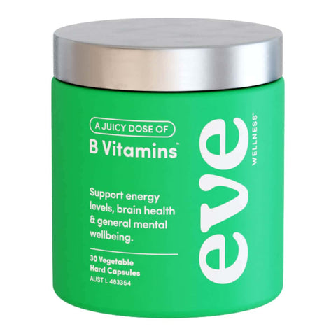 Green container of Eve Wellness B Vitamins with silver lid on a white background.
