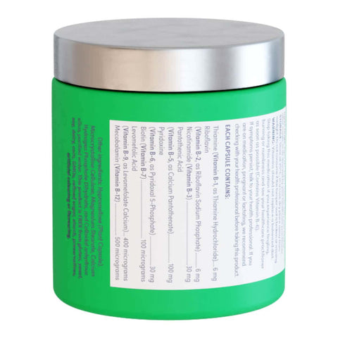 Back of Eve Wellness A Juicy Dose of B Vitamins capsules in a green container with silver lid on a white background.