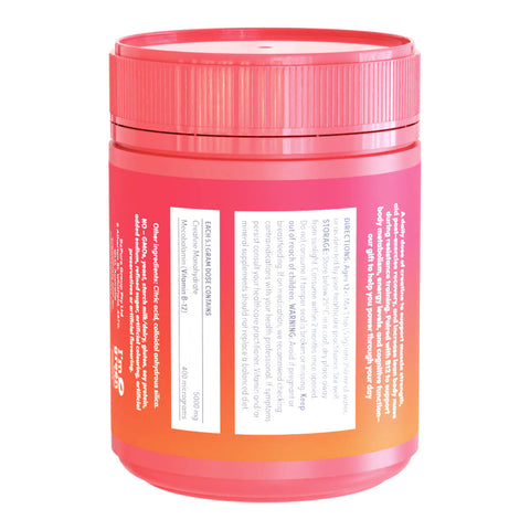 Back view of eve wellness a juicy dose of creatine + b12 showing directions, storage and other product information.