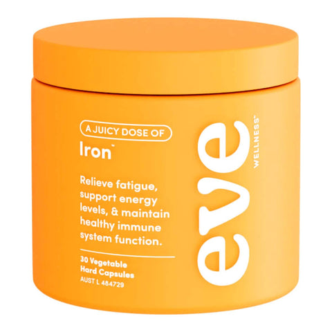 Orange container of Eve Wellness iron supplement. Relieves fatigue & maintains healthy immune system function.