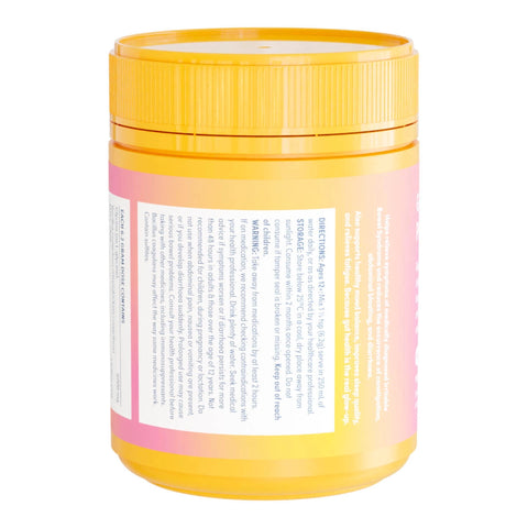 Side of eve wellness gut drink probiotics showing label with directions, precautions and storage info.